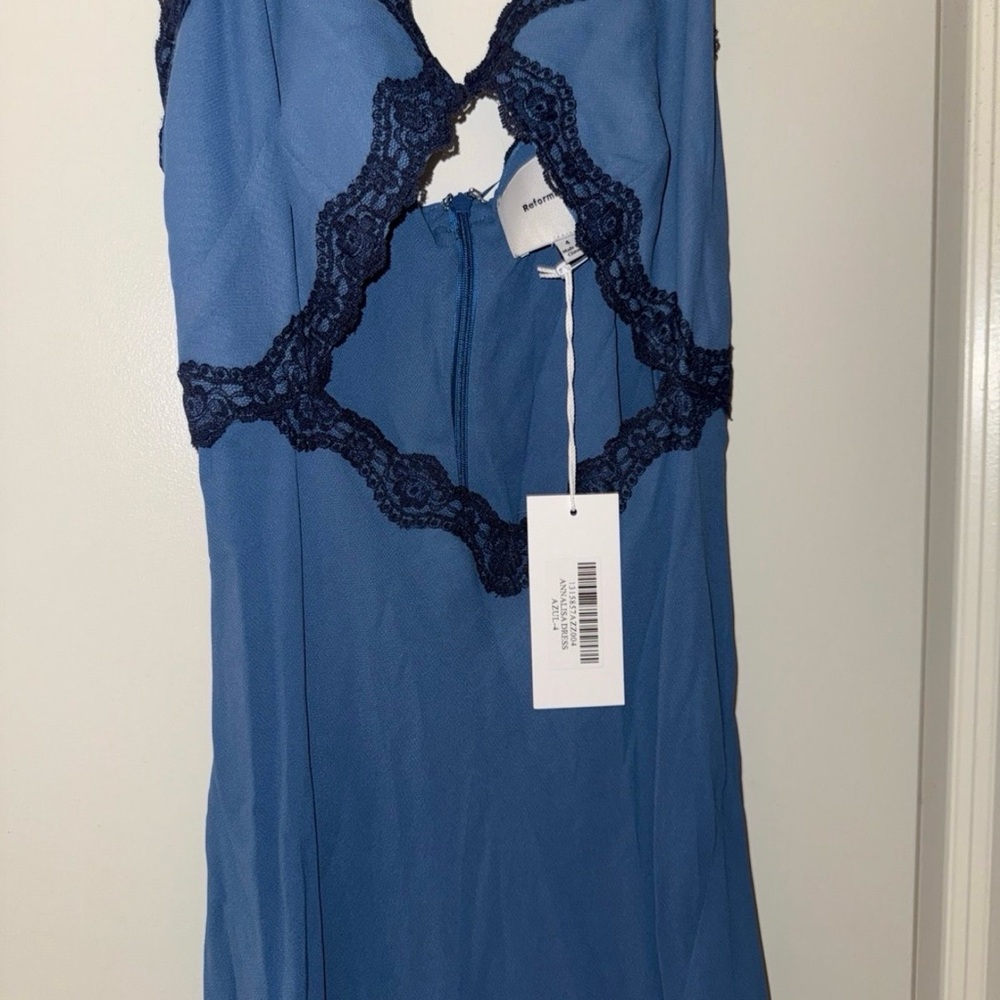 Reformation Blue Maxi Slip Dress with Navy Lace Trim - Picture 3 of 8